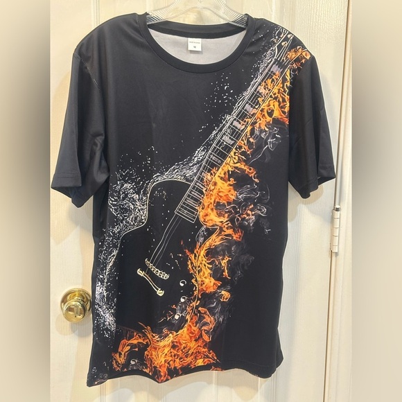 HOT FLAMING GUITAR Front & Back Design. Size Medium New W/O Tags - Picture 1 of 8
